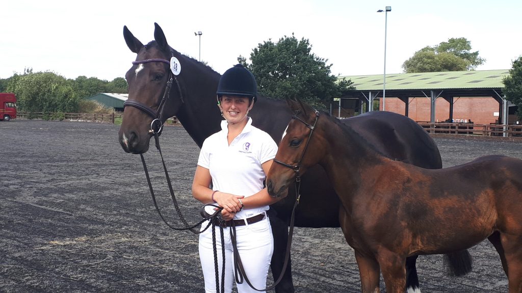 Jo with Lady Brave and foal, Pure Imagination at the British Breeding Futurity Championships.